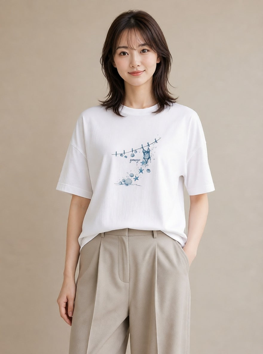 グラフィックTシャツ レディース 洗濯物 風 ナチュラル アンティーク イラスト こなれ感 夏コーデ 通学 白T