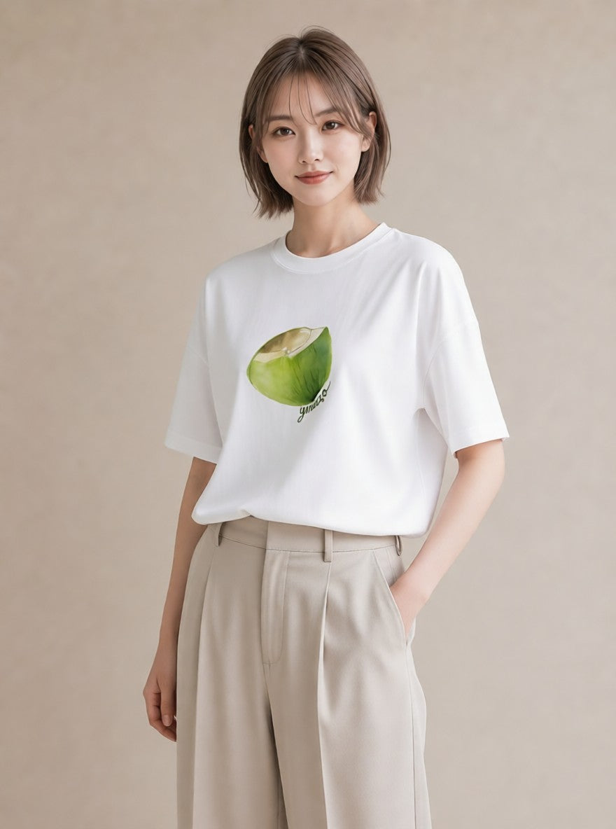 半袖Tシャツ レディース りんご 林檎 アップル 食べ物 フード イラスト 休日コーデ 公園 ママ 白T