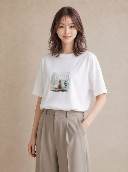 プリントTシャツ レディース 窓辺の椅子 窓辺 椅子 ナチュラル アンティーク イラスト ゆるかわ 通学 誕生日プレゼント 白T
