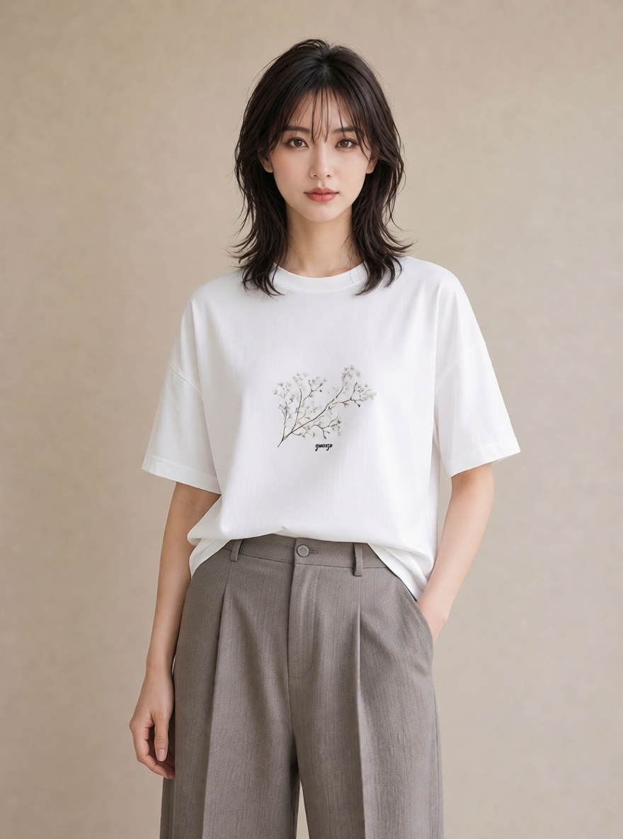 Tシャツ レディース カスミソウ かすみ草 花 花柄 イラスト ラフ 在宅 公園 白T
