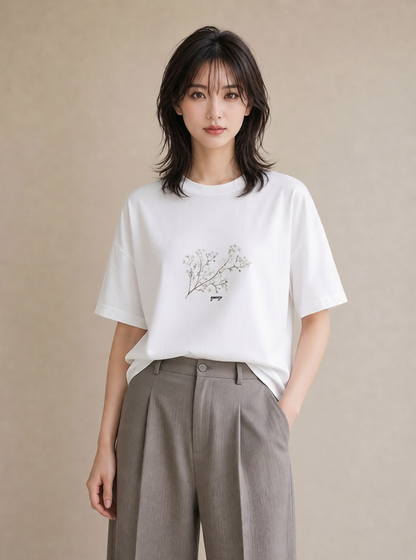 Tシャツ レディース カスミソウ かすみ草 花 花柄 イラスト ラフ 在宅 公園 白T