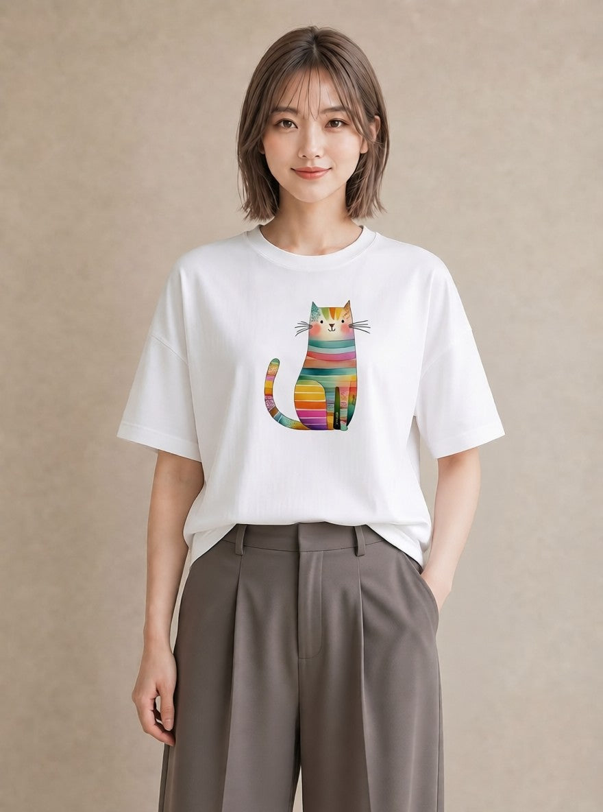 半袖Tシャツ レディース 猫好き 猫 ねこ イラスト 線画 休日 ペアコーデ 白T