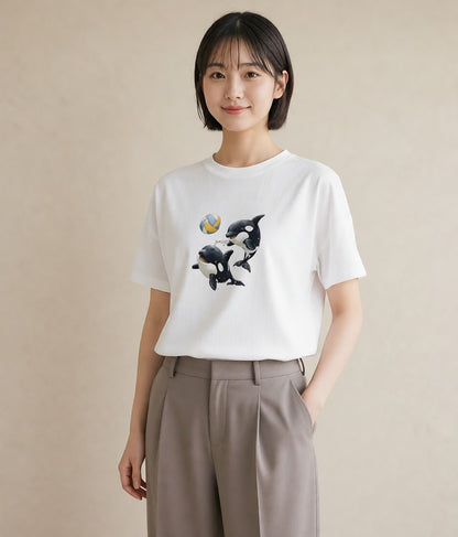 Tシャツ レディース シャチ 海の生き物 海 イラスト ラフ 在宅 公園 白T