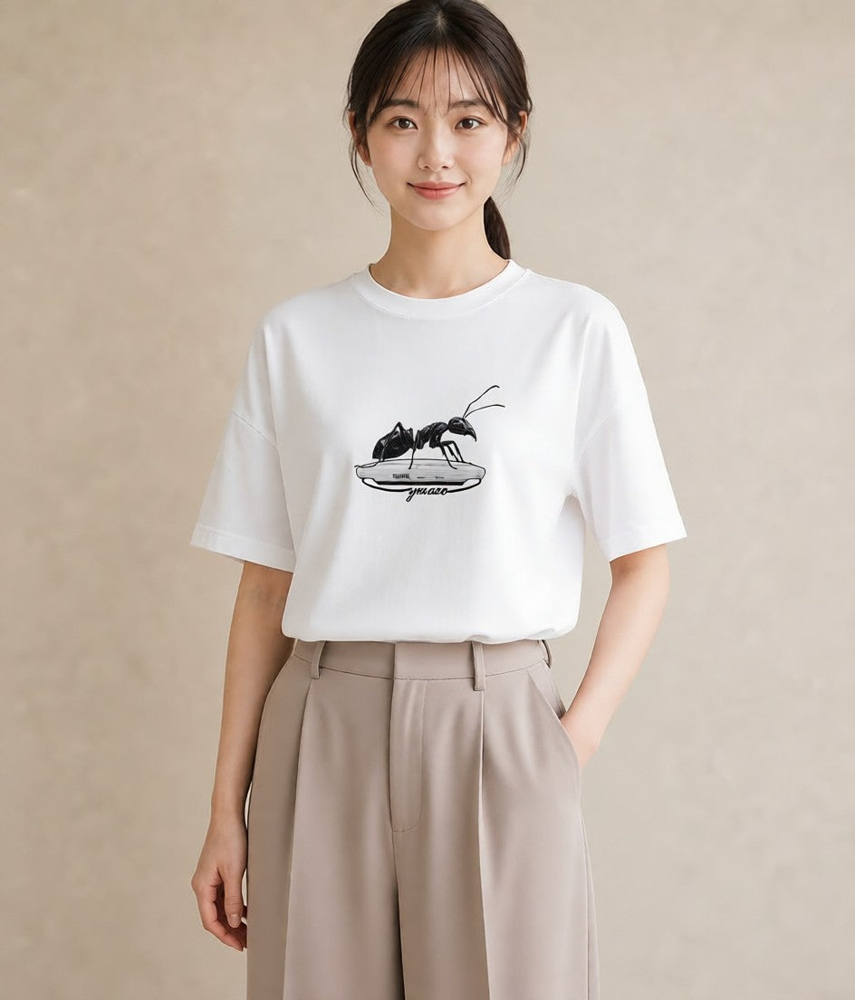 デザインTシャツ レディース アリ 昆虫 虫 イラスト ヴィンテージ風 お揃い 親子 白T