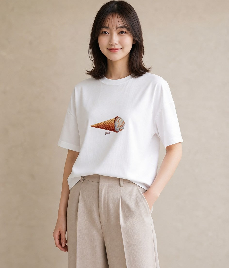 半袖Tシャツ レディース ソフトクリーム 食べ物 フード イラスト ナチュラル ペアコーデ 秋コーデ 白T
