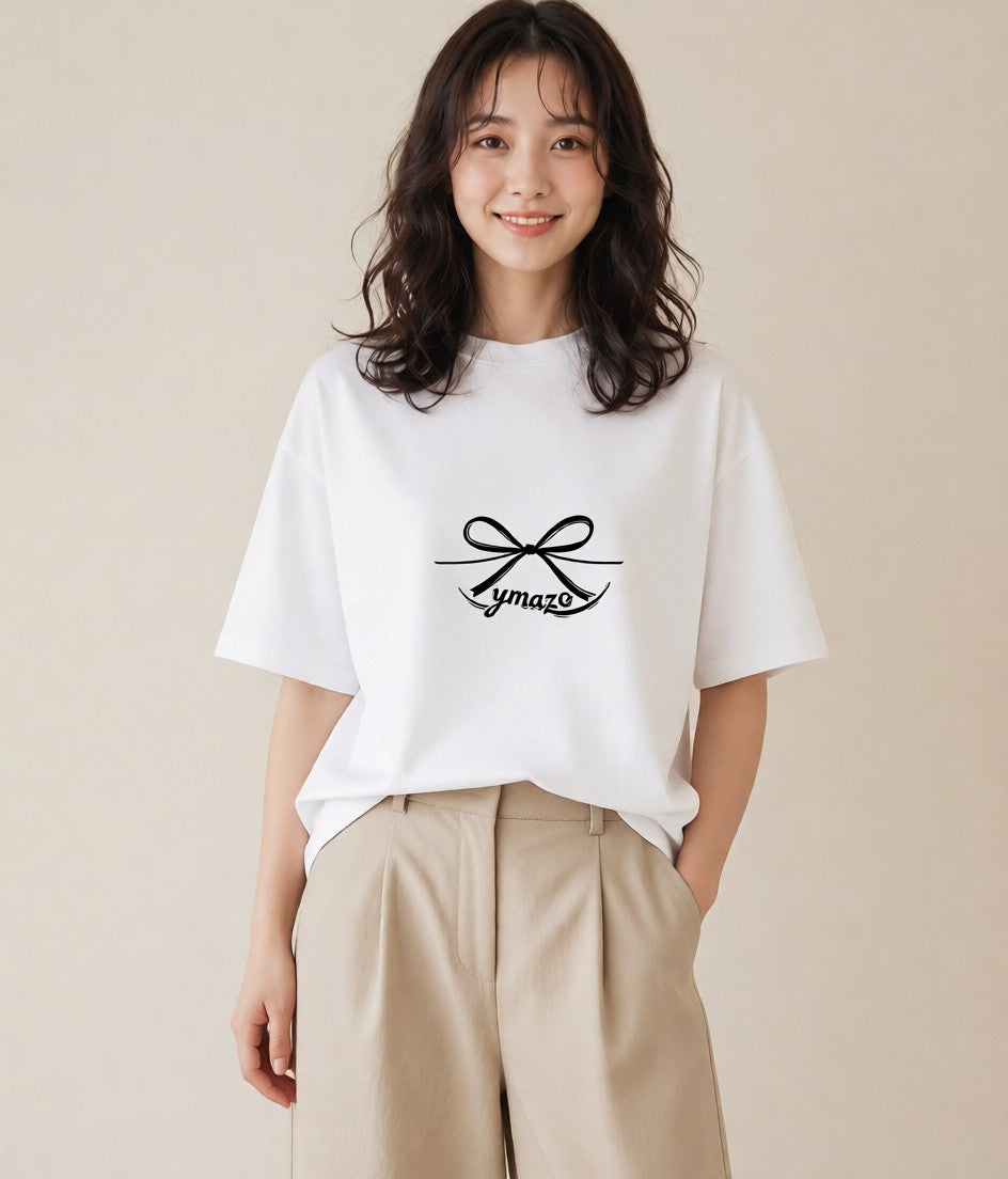 半袖Tシャツ レディース リボン ボウ りぼん イラスト 線画 自分用 ルームウェア 白T