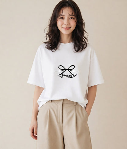 半袖Tシャツ レディース リボン ボウ りぼん イラスト 線画 自分用 ルームウェア 白T