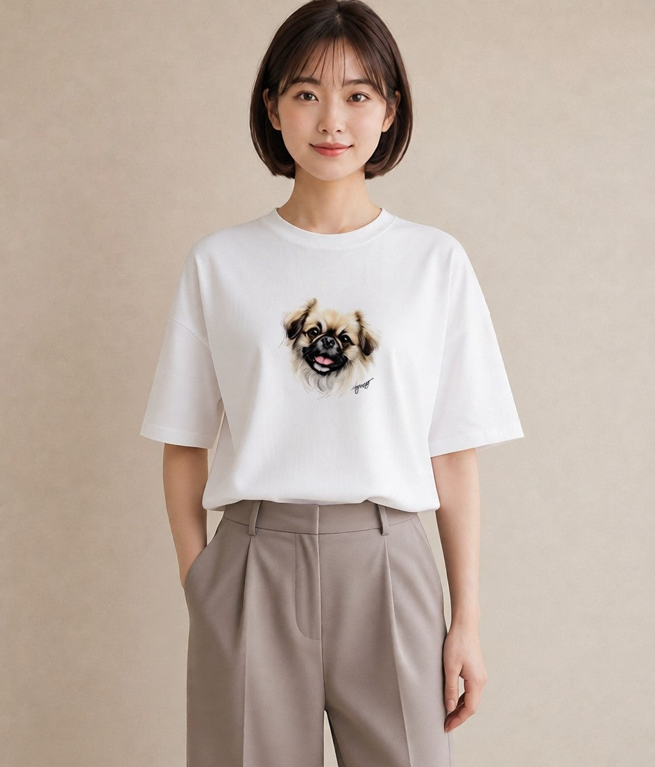 プリントTシャツ レディース 狆 犬 いぬ イラスト お洒落 レイヤード 友達ギフト 白T