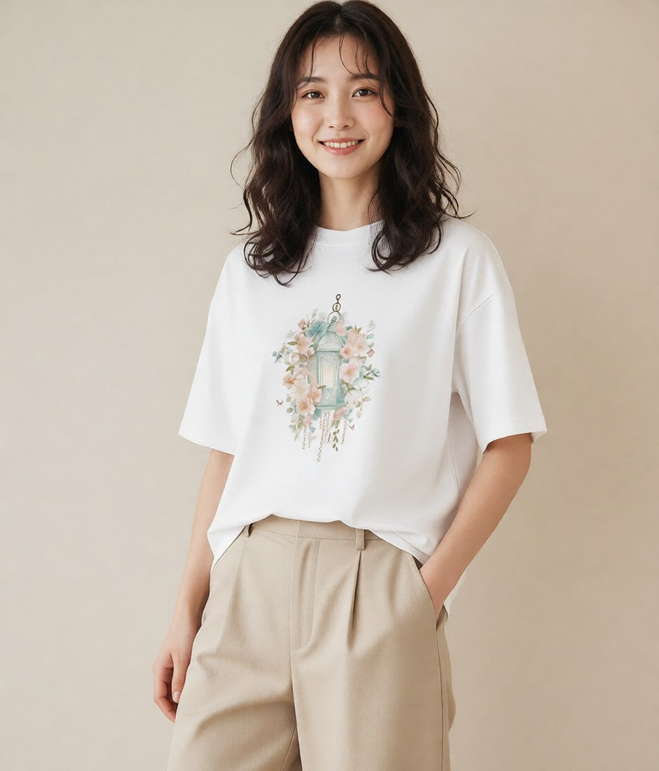 デザインTシャツ レディース ポスト 野の花 レトロ ナチュラル アンティーク イラスト モード ラフ レイヤード 白T