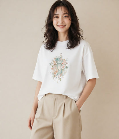 デザインTシャツ レディース ポスト 野の花 レトロ ナチュラル アンティーク イラスト モード ラフ レイヤード 白T