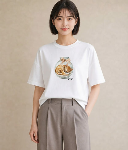 Tシャツ レディース キジトラ 猫 ねこ イラスト 線画 クリスマス 旅行 白T
