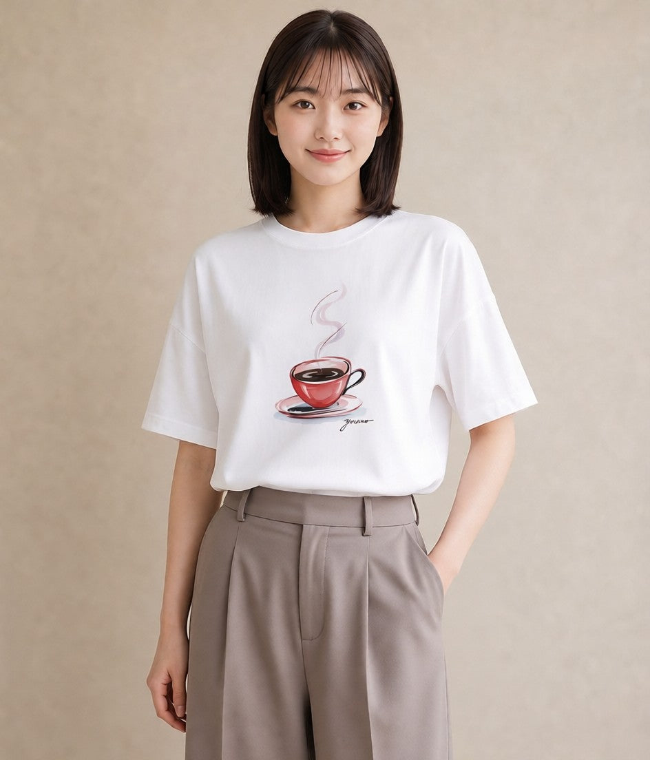 Tシャツ レディース コーヒー カフェ 珈琲 イラスト 淡色 ラフ レイヤード 白T