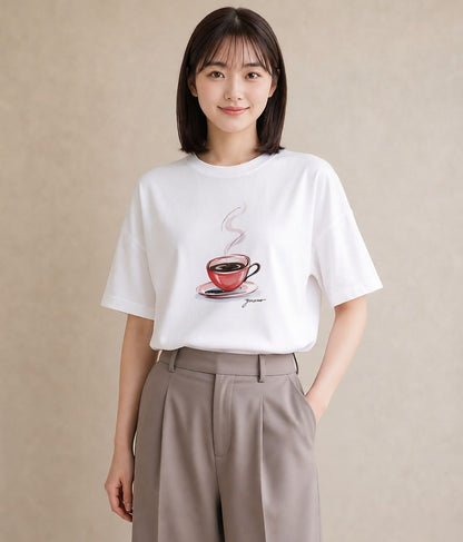 Tシャツ レディース コーヒー カフェ 珈琲 イラスト 淡色 ラフ レイヤード 白T