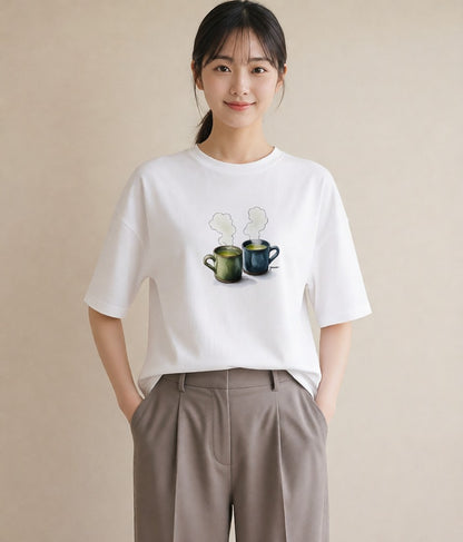 Tシャツ レディース 紅茶 食べ物 フード イラスト 線画 ミセス 春コーデ 白T