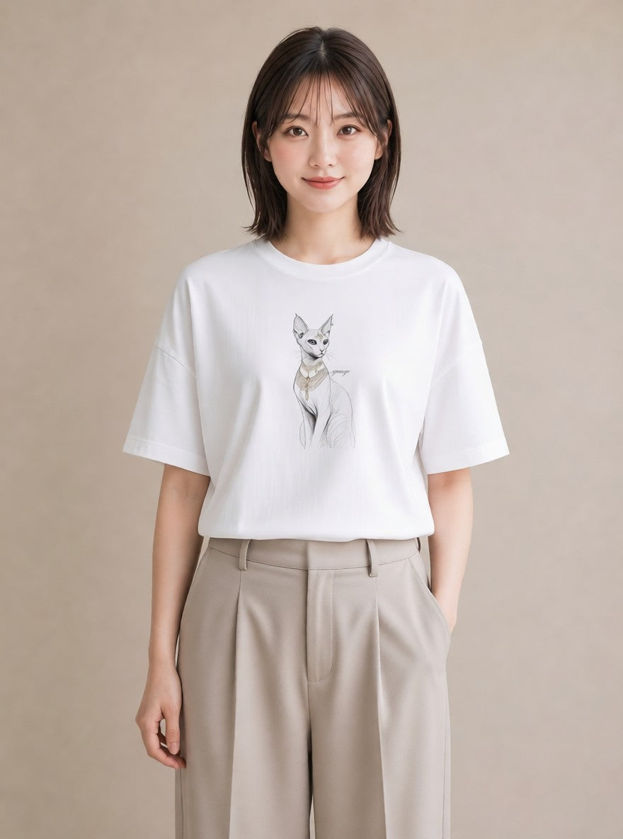 グラフィックTシャツ レディース スフィンクス 猫 ねこ イラスト 淡色 レイヤード 友達ギフト 白T