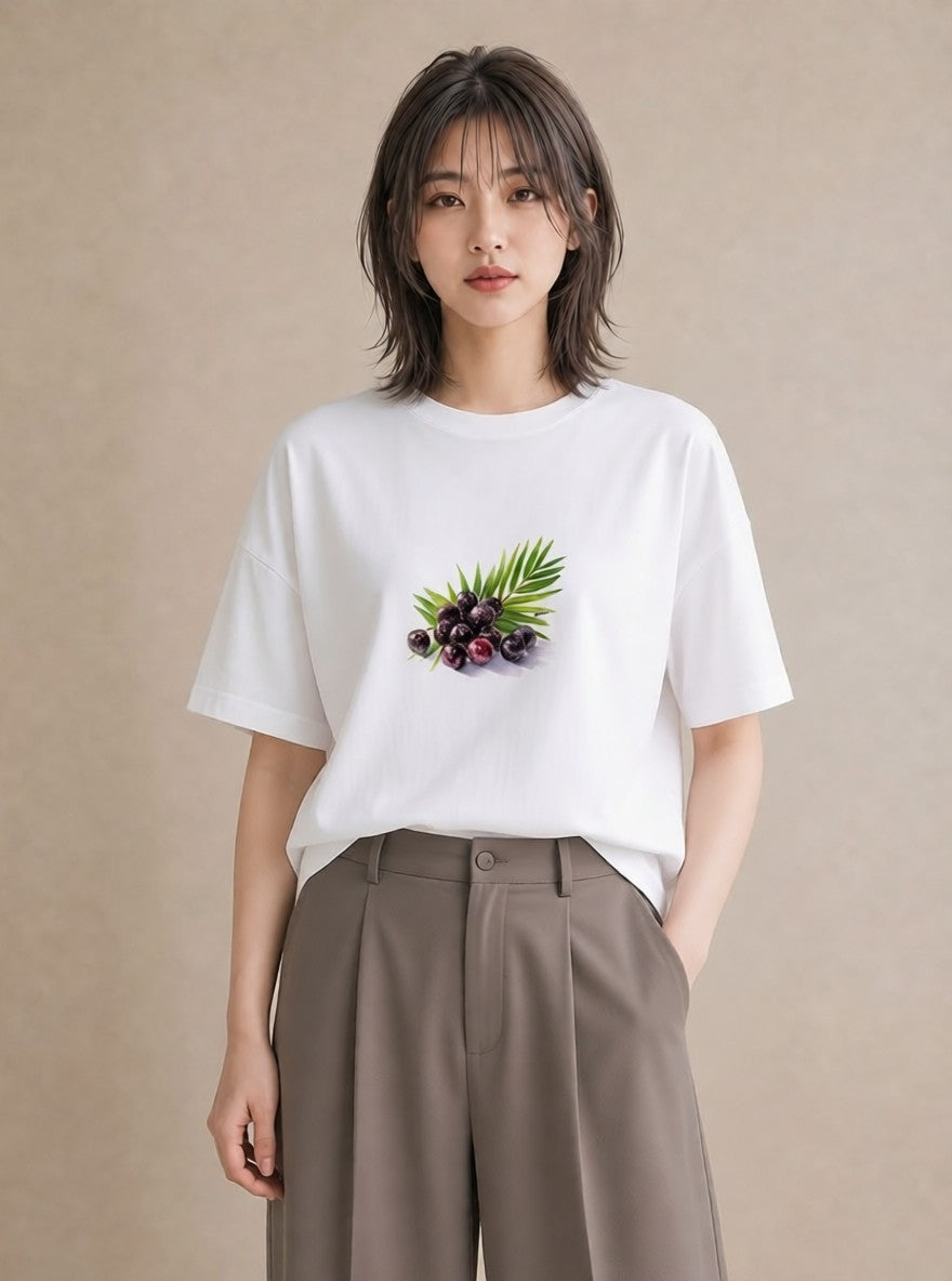 半袖Tシャツ レディース ブルーベリー 食べ物 フード イラスト ナチュラル 通学 誕生日プレゼント 白T