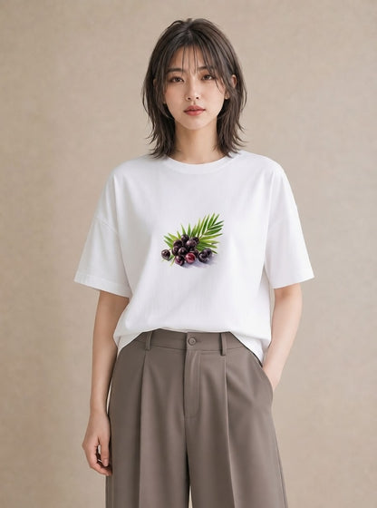 半袖Tシャツ レディース ブルーベリー 食べ物 フード イラスト ナチュラル 通学 誕生日プレゼント 白T