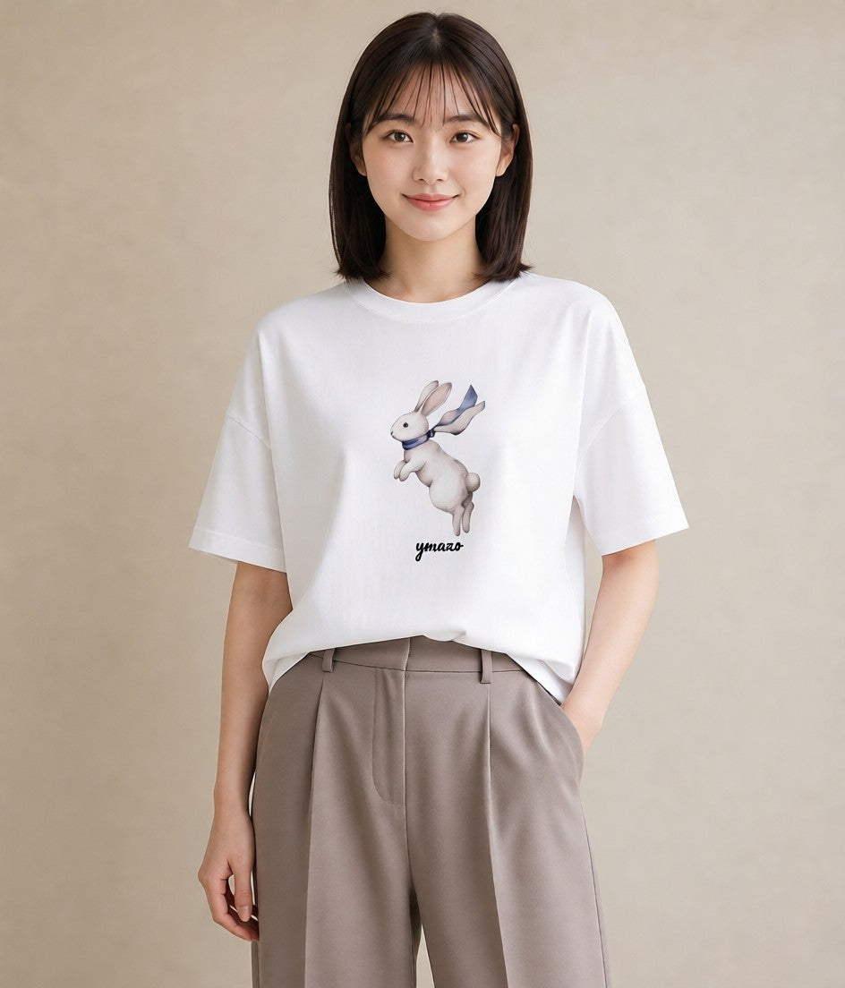 プリントTシャツ レディース うさぎ ウサギ ラビット ペット 動物 イラスト 上品 部屋着 女性向けギフト 白T