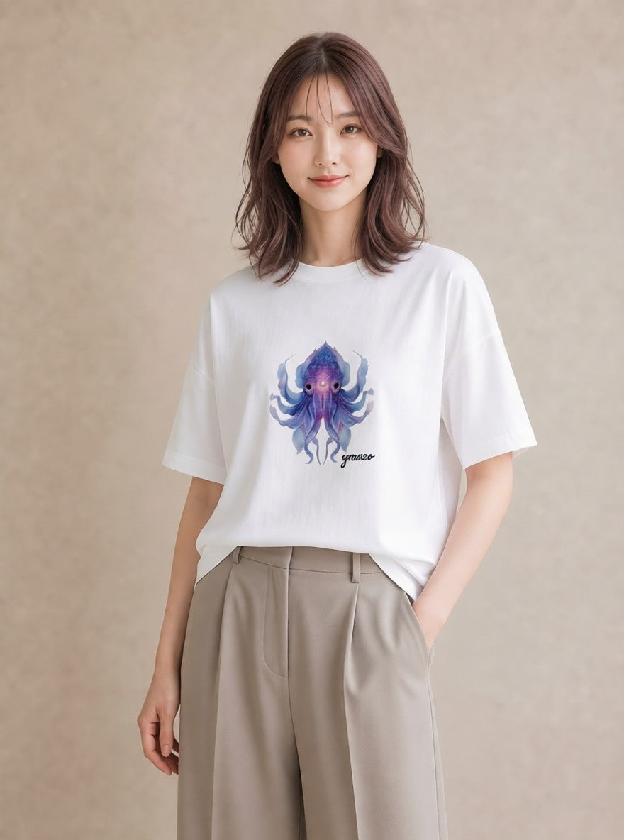 グラフィックTシャツ レディース タコ 海の生き物 海 イラスト ヴィンテージ風 ラフ レイヤード 白T