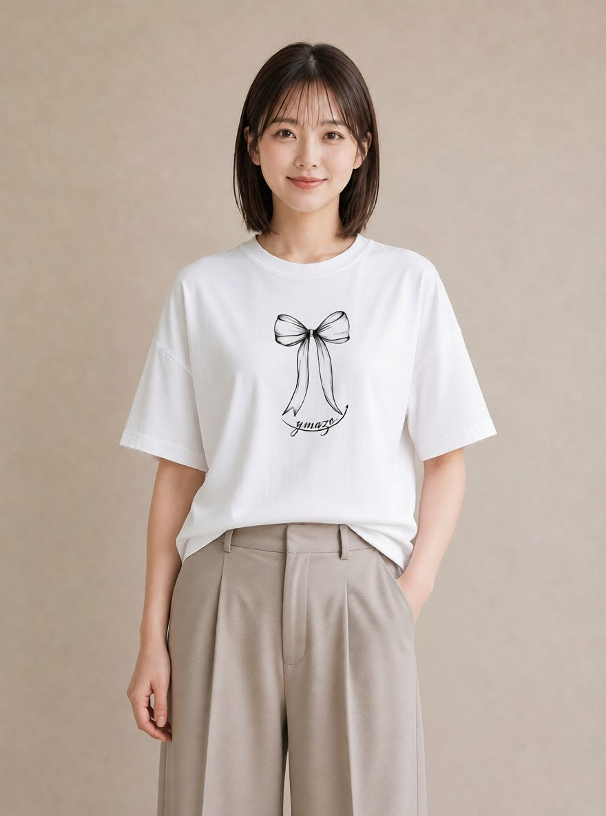 Tシャツ レディース リボン ボウ りぼん イラスト ヴィンテージ風 母の日 ビーチ 白T