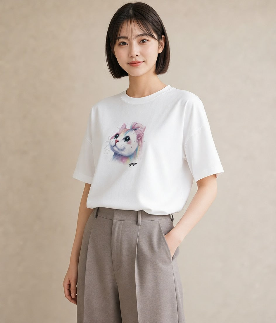 プリントTシャツ レディース ニャンコ 猫 ねこ イラスト お洒落 買い物 夏コーデ 白T