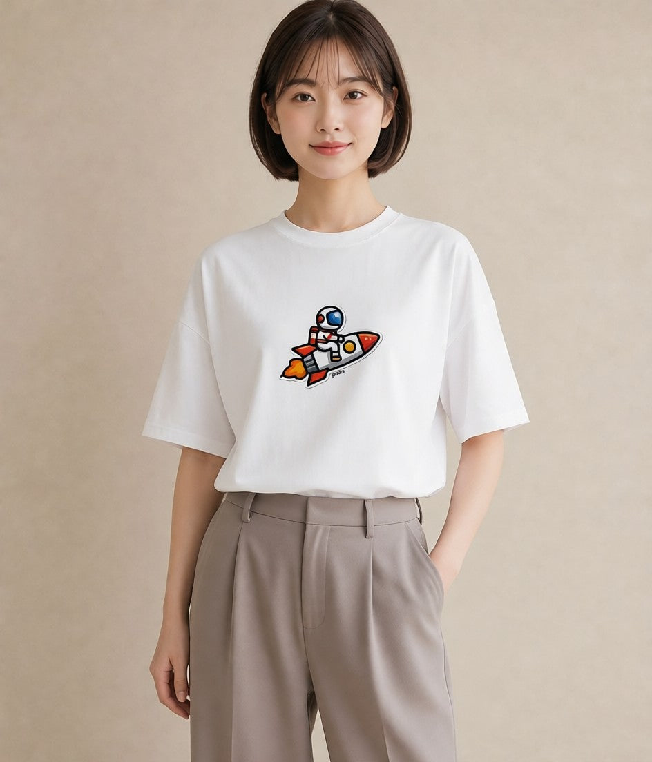 プリントTシャツ レディース ロケット 星空 宇宙 イラスト ユニーク ミセス 春コーデ 白T