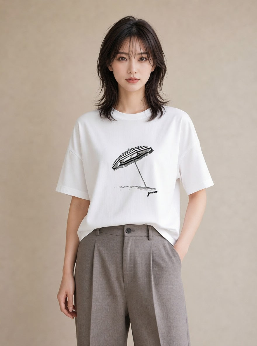 グラフィックTシャツ レディース 傘 水たまり 雨 ナチュラル アンティーク イラスト 韓国風 送別ギフト 通勤 白T