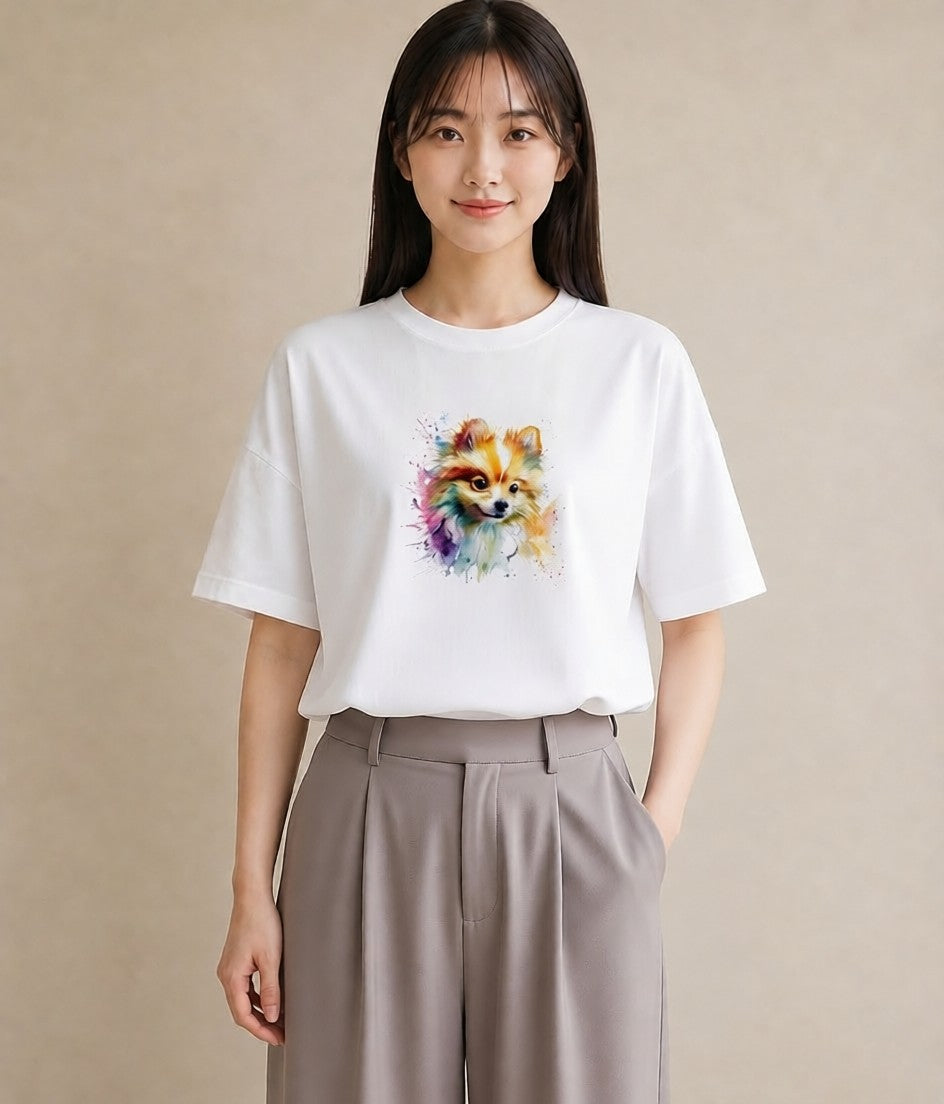プリントTシャツ レディース ポメラニアン ポメ 犬 いぬ イラスト 淡色 お出かけ 普段着 白T