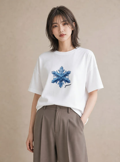 Tシャツ レディース 雪の結晶 星空 宇宙 イラスト 普段使い デイリーウェア 休日 白T