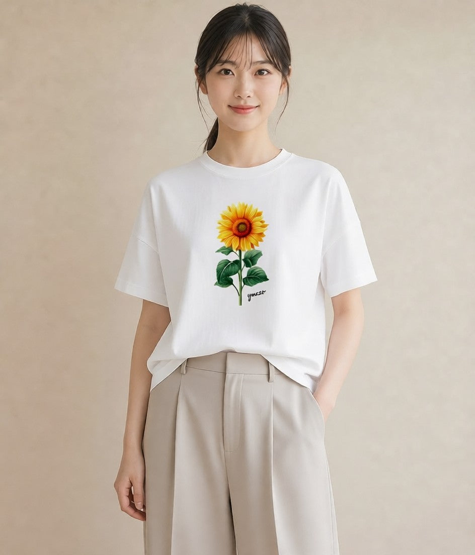 プリントTシャツ レディース ひまわり 向日葵 花 花柄 イラスト シンプル ビーチ デイリーウェア 白T