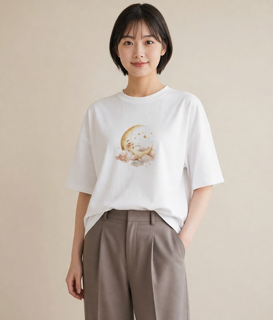 プリントTシャツ レディース 月 星空 宇宙 イラスト きれいめ 社会人 女性 白T