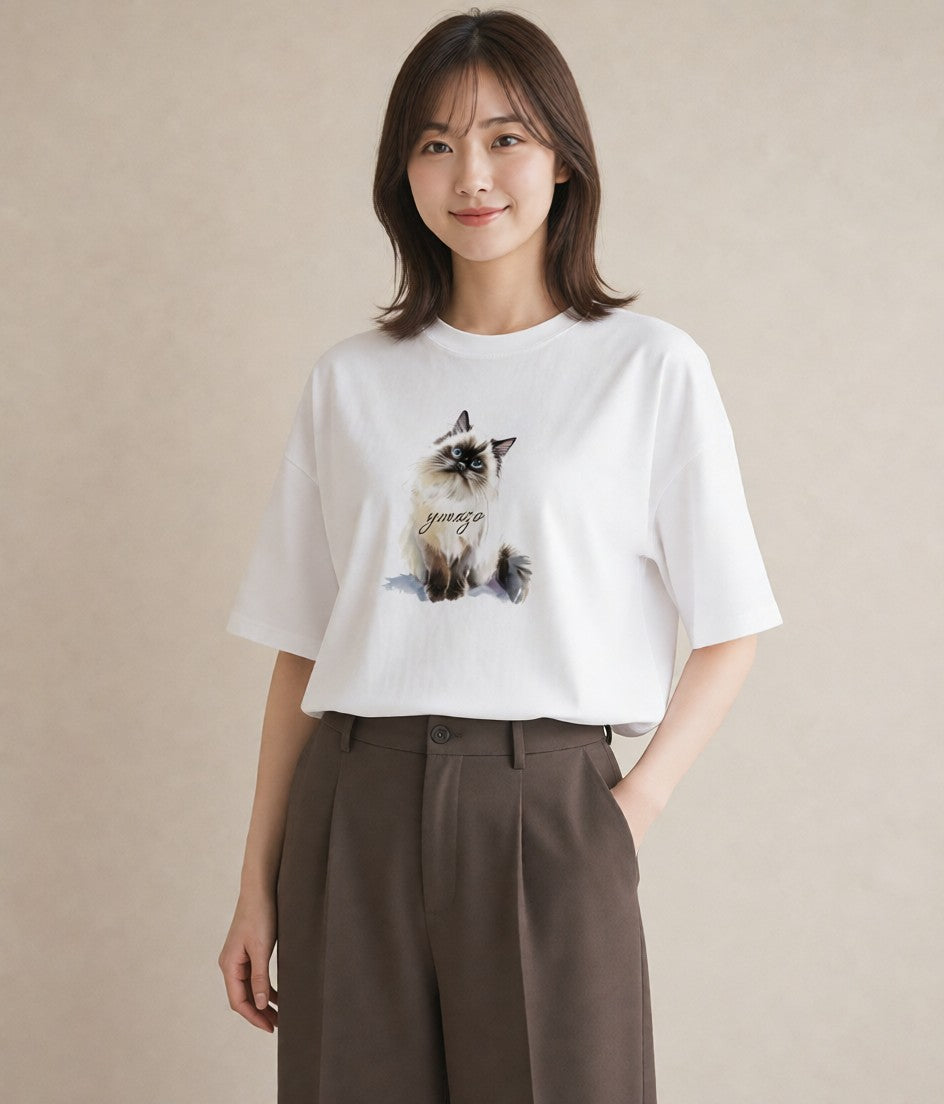 デザインTシャツ レディース ブリティッシュショートヘア 猫 ねこ イラスト シック ミセス 春コーデ 白T