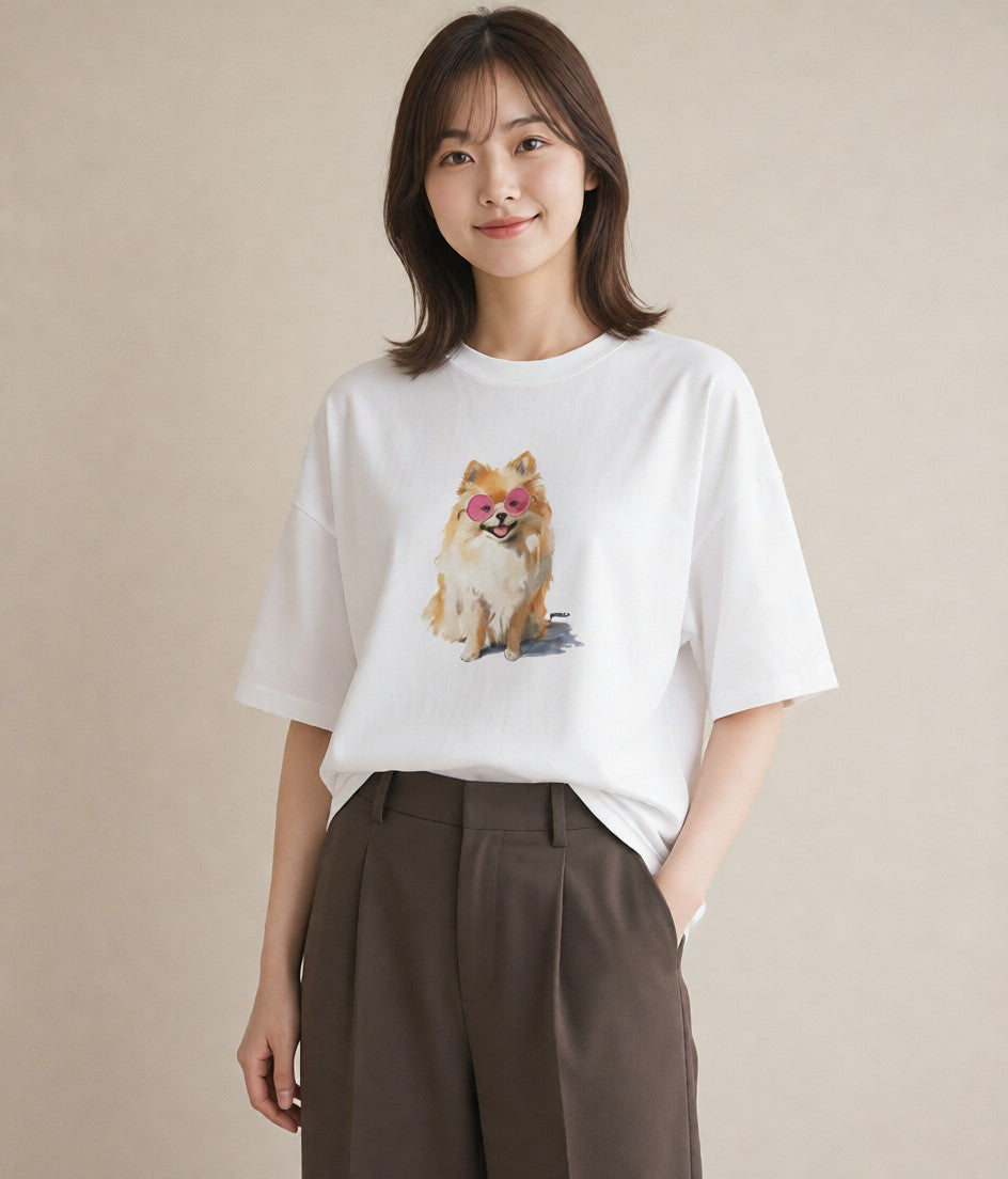 半袖Tシャツ レディース ポメラニアン ポメ 犬 いぬ イラスト ラフ 綿100 デート 白T