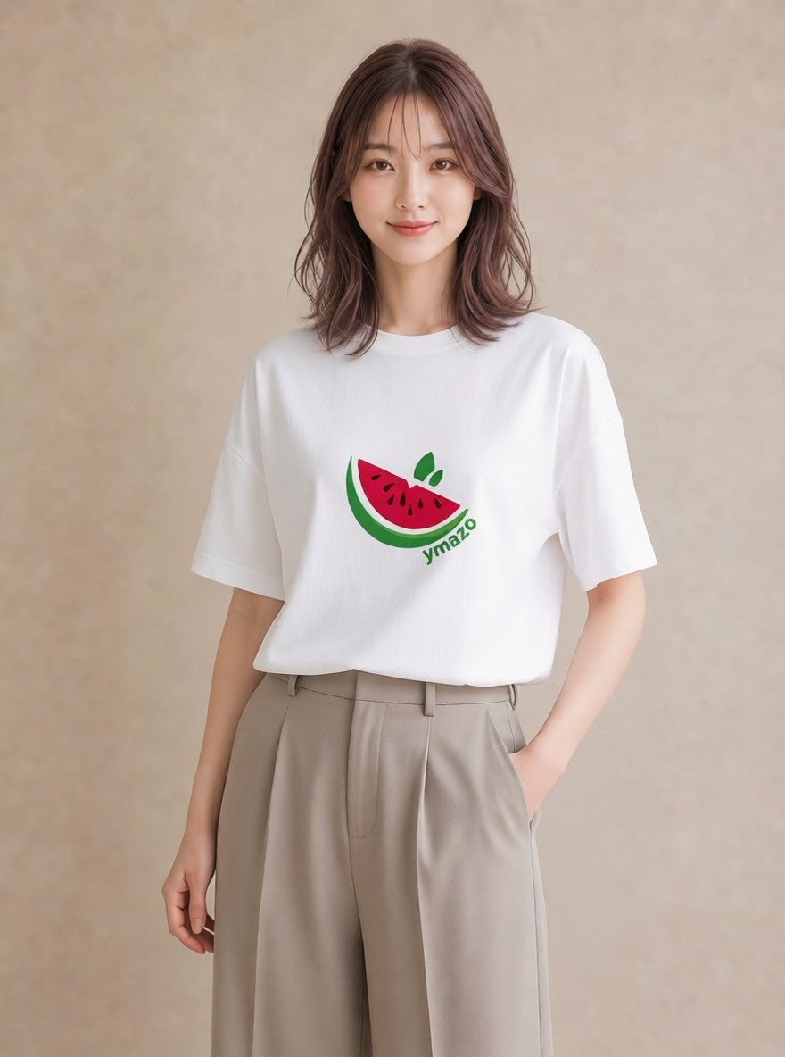 プリントTシャツ レディース すいか 食べ物 フード イラスト ヴィンテージ風 ママ カフェ服 白T