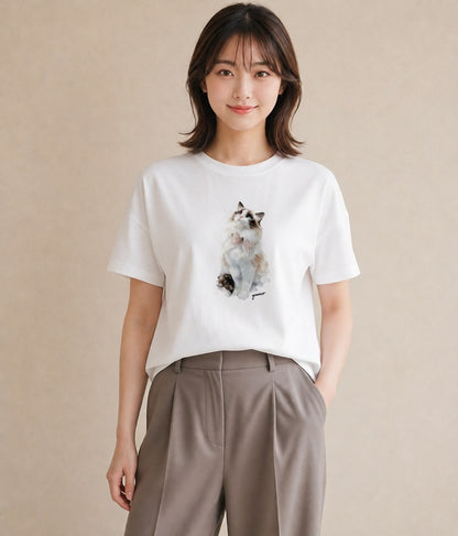 グラフィックTシャツ レディース メインクーン 猫 ねこ イラスト ガーリー 誕生日プレゼント 綿100 白T
