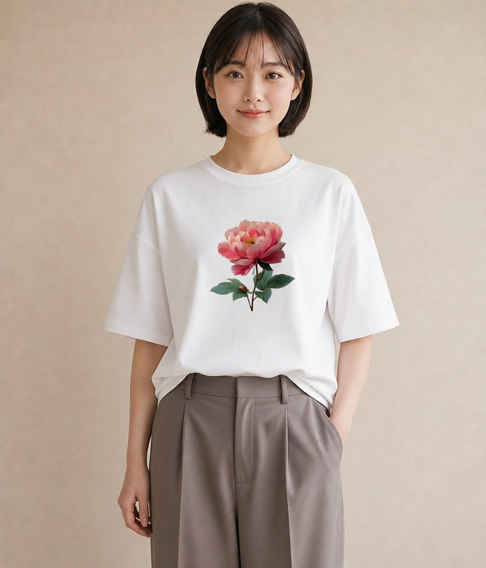 プリントTシャツ レディース 牡丹 花 花柄 イラスト こなれ感 春服 ミセス 白T