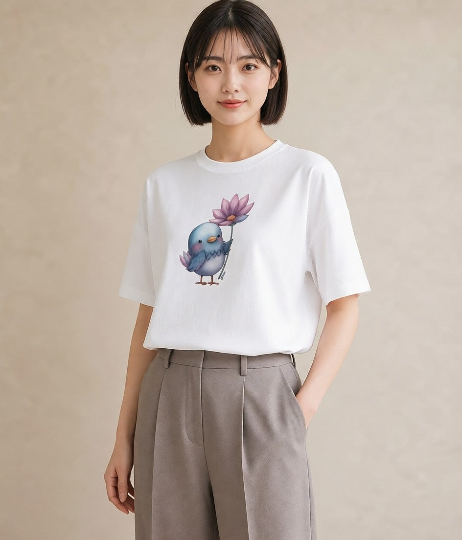 グラフィックTシャツ レディース ボタンインコ ペット 動物 イラスト きれいめカジュアル 散歩 お出かけ 白T