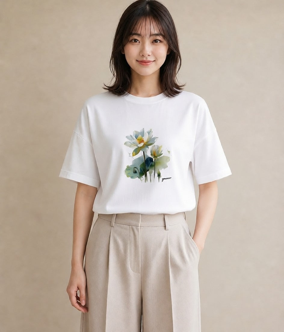 半袖Tシャツ レディース 蓮 花 花柄 イラスト 普段使い ホワイトデー 春服 白T