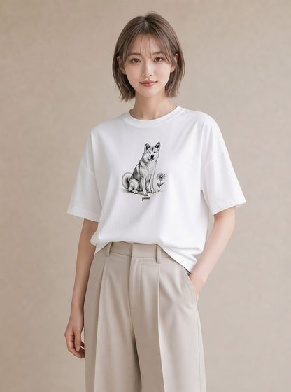 半袖Tシャツ レディース 秋田犬 犬 いぬ イラスト こなれ感 自分用 ルームウェア 白T