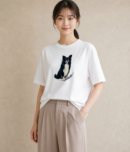プリントTシャツ レディース ロングコートチワワ 犬 いぬ イラスト シック お出かけ 普段着 白T