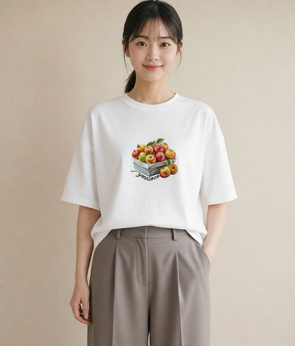 半袖Tシャツ レディース りんご 林檎 アップル 食べ物 フード イラスト こなれ感 女性 旅行用 白T