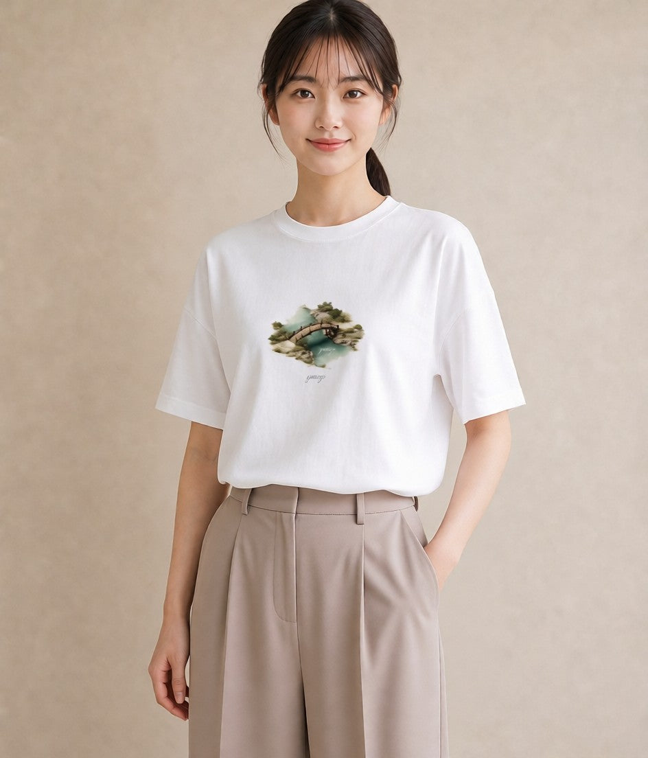 プリントTシャツ レディース 桟橋 水辺 波止場 ナチュラル アンティーク イラスト 韓国風 在宅 公園 白T