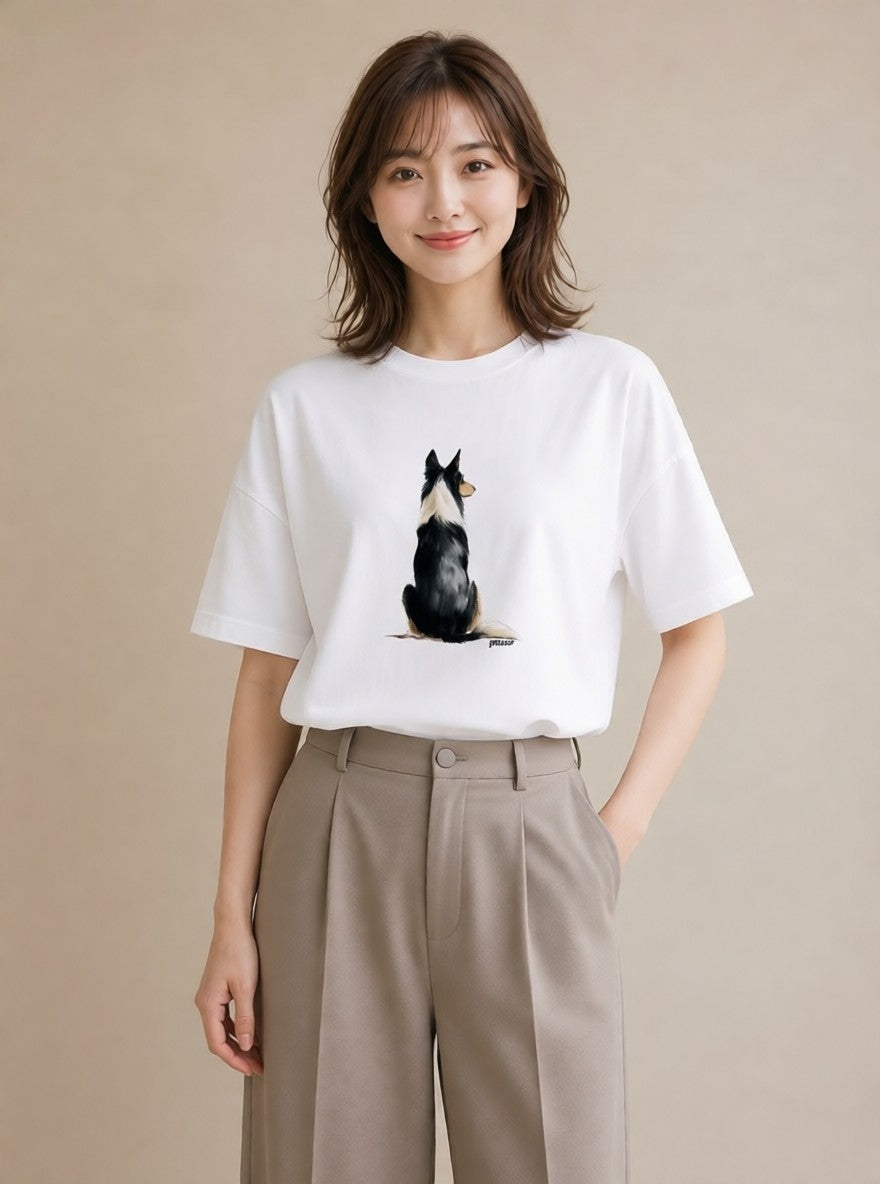 半袖Tシャツ レディース ボーダーコリー 犬 いぬ イラスト シンプル カフェ服 クリスマス 白T