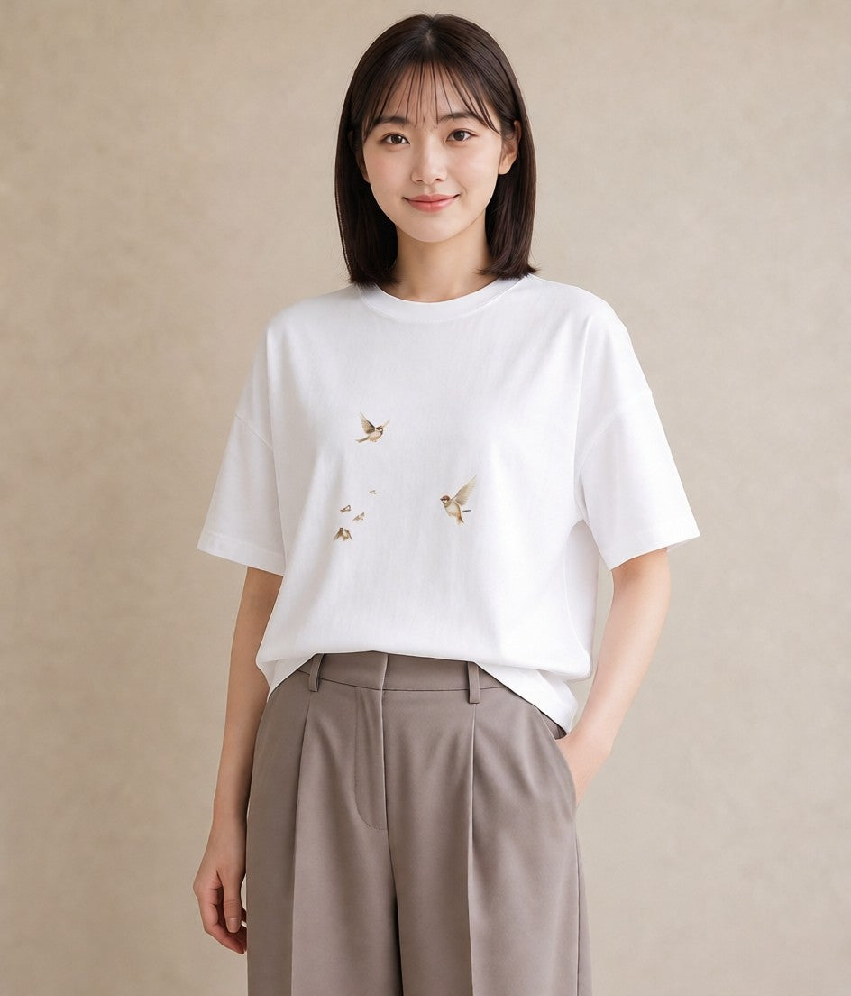 プリントTシャツ レディース 遠い家と鳥 風景 鳥 ナチュラル アンティーク イラスト ゆるコーデ 夏コーデ 通学 白T