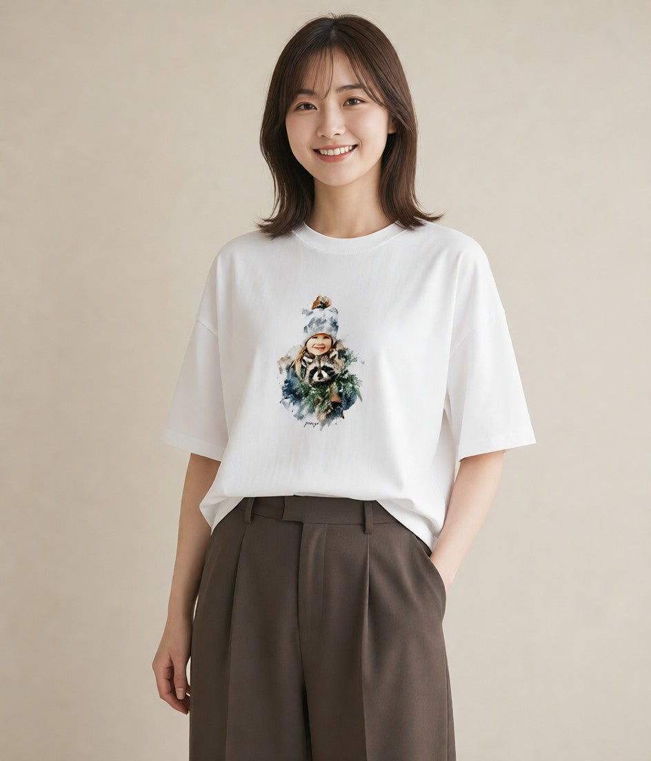 半袖Tシャツ レディース たぬき 動物 アニマル イラスト シック お揃い 親子 白T