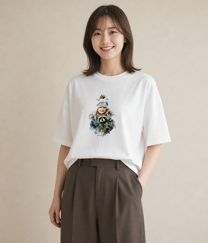 半袖Tシャツ レディース たぬき 動物 アニマル イラスト シック お揃い 親子 白T