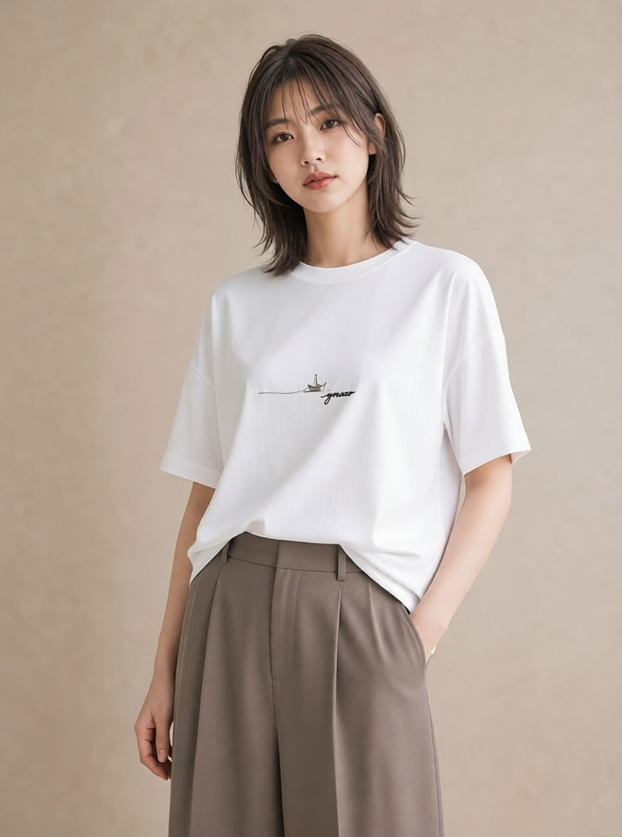 グラフィックTシャツ レディース 桟橋 水辺 波止場 ナチュラル アンティーク イラスト ポップ カジュアルコーデ 買い物 白T