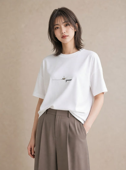 グラフィックTシャツ レディース 桟橋 水辺 波止場 ナチュラル アンティーク イラスト ポップ カジュアルコーデ 買い物 白T