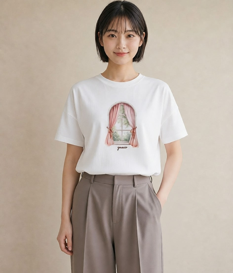 プリントTシャツ レディース 夕暮れ バルコニー 夕焼け ナチュラル アンティーク イラスト 休日コーデ 帰省 ラフ 白T