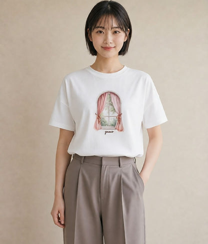 プリントTシャツ レディース 夕暮れ バルコニー 夕焼け ナチュラル アンティーク イラスト 休日コーデ 帰省 ラフ 白T